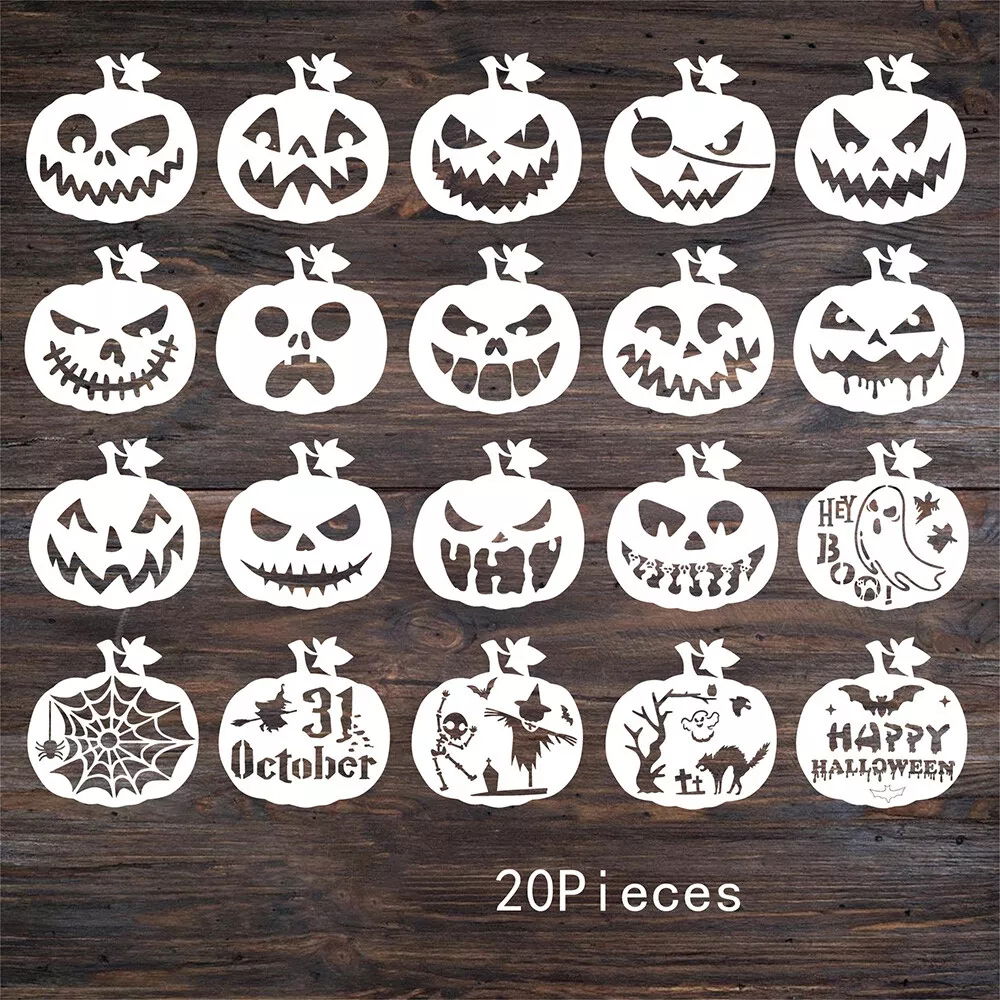 Acrylic Halloween stencil set with pumpkin faces, ghosts, spiderwebs, and October 31 designs