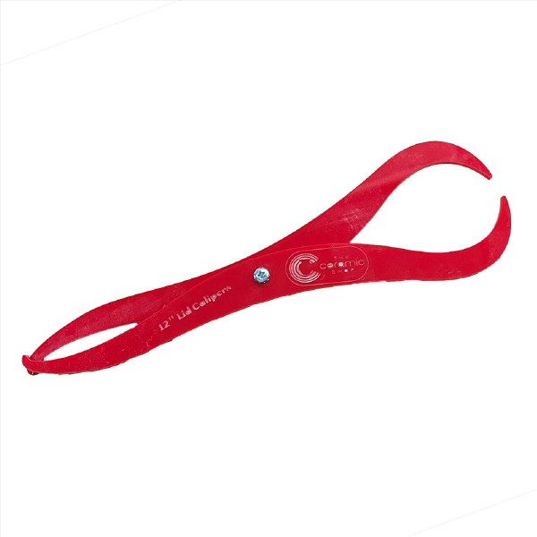 12 inch lid caliper with adjustable acrylic arms and metal wing nut, used for measuring pottery lids and diameters.
