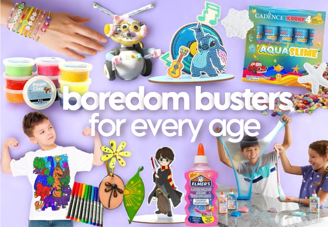 Foam clay, slime kits, and kids' crafts in a colourful collage promoting fun boredom-busting activities for all ages