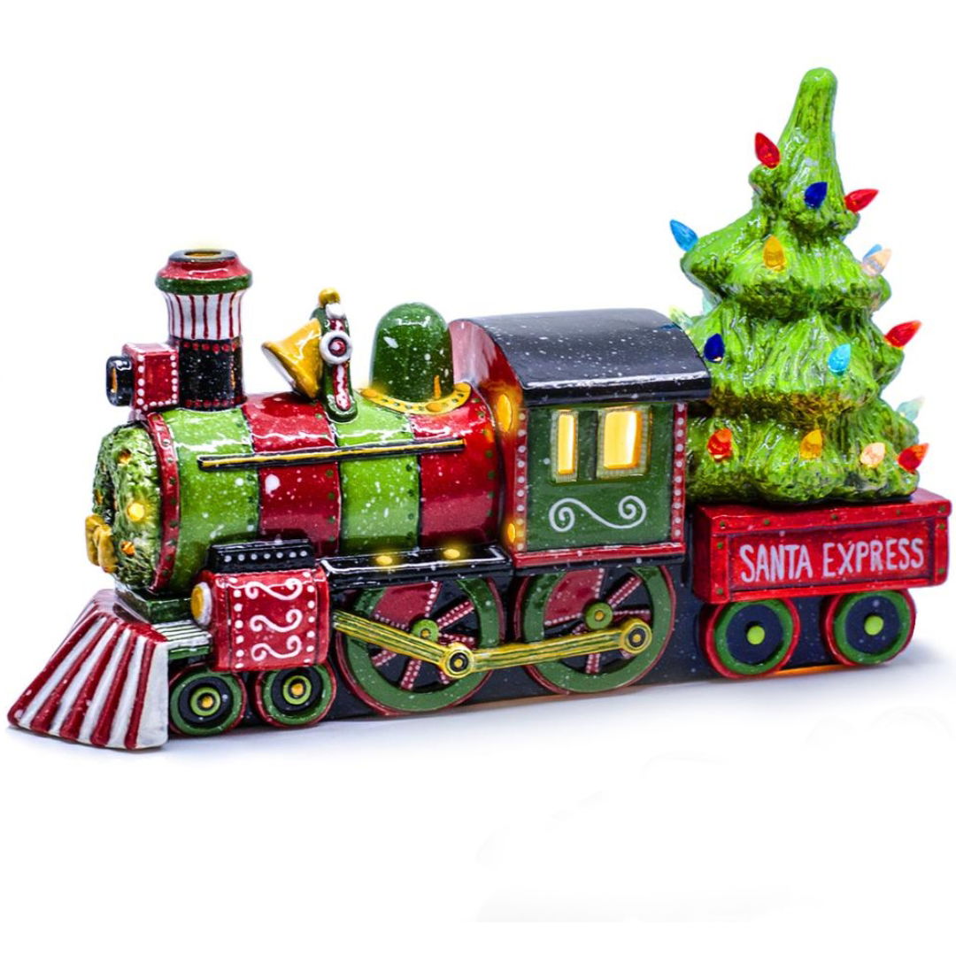 Painted Christmas Train with Tree ceramic bisque example with Santa Express theme
