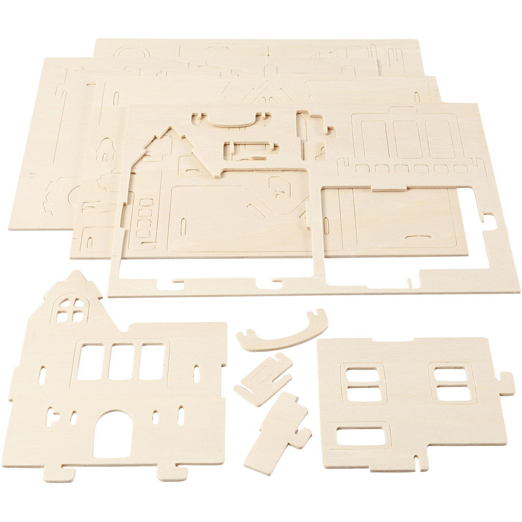 CH57877 3D Wooden Construction Kit - House with Balcony flat packed