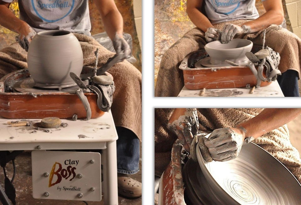 Potter using Speedball Clay Boss pottery wheel for throwing clay – beginner-friendly wheel