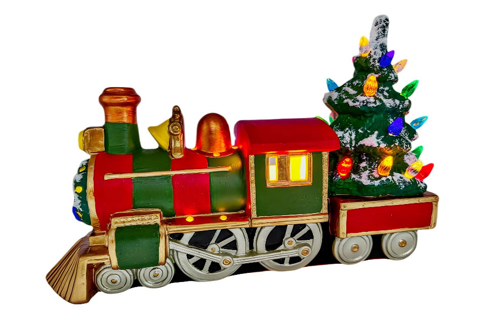 Painted Train with Tree ceramic bisque decorated for Christmas with red and green festive colours