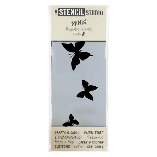 A mini craft stencil with butterflies design in outer packaging, detailing butterfly cutouts.