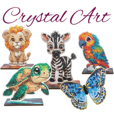 Colourful Crystal Art Buddies including lion, zebra, parrot, turtle and butterfly – sparkly DIY craft kits for children