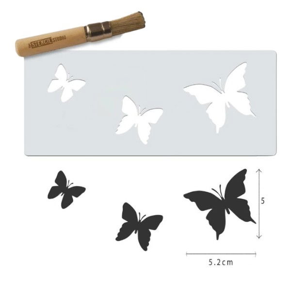 An image of a butterfly mini plastic craft stencil, showing butterfly cutouts and dimensions.