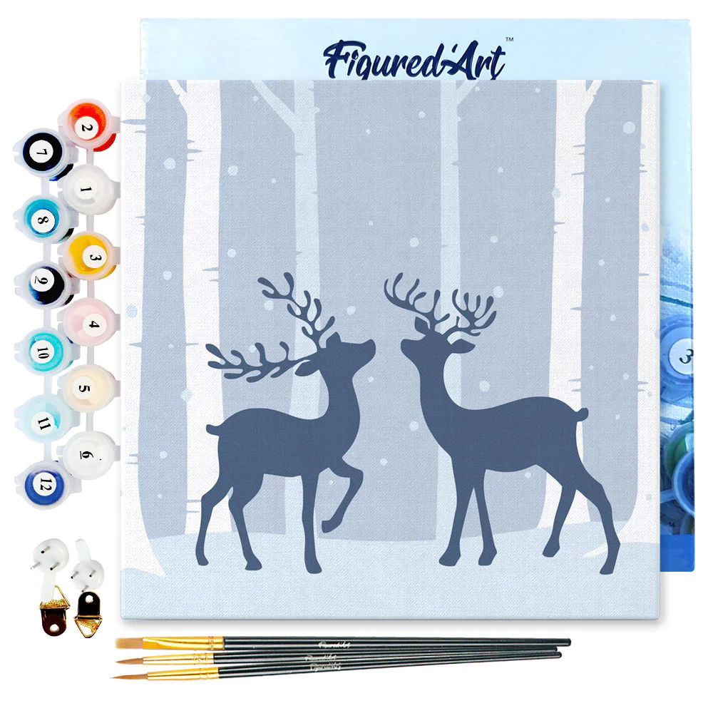 Two Reindeer in Snowy Forest - Mini Paint By Numbers Framed