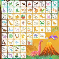 64 dinosaur-themed acrylic stencils featuring T-rex, bones, eggs, and volcanoes on colourful background