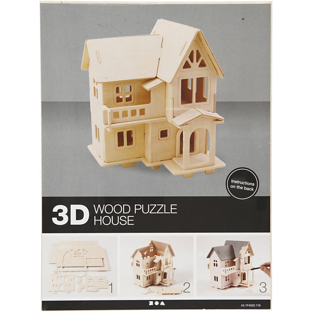 CH57877 3D Wooden Construction Kit - House with Balcony completed