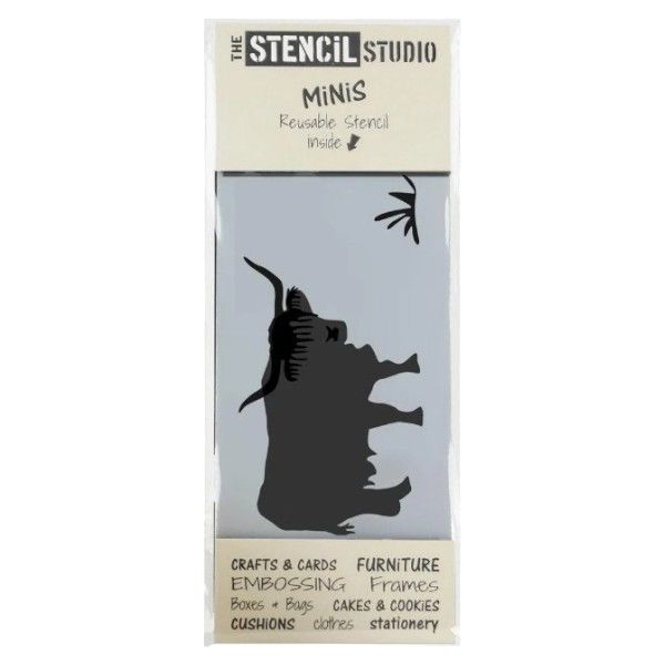 A highland cow mini craft stencil shown in outer packaging 