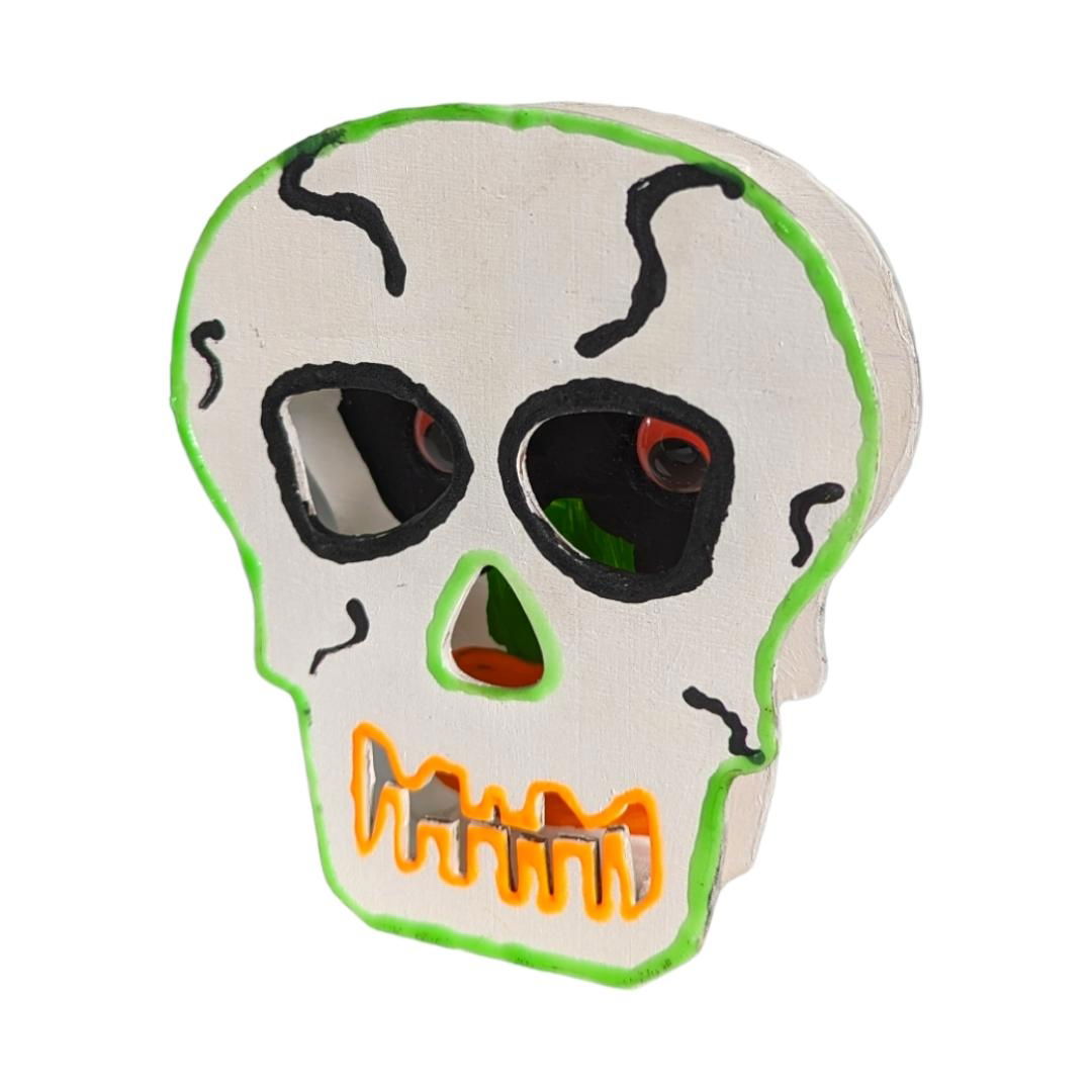 Wooden Halloween Skull 13.5cm H