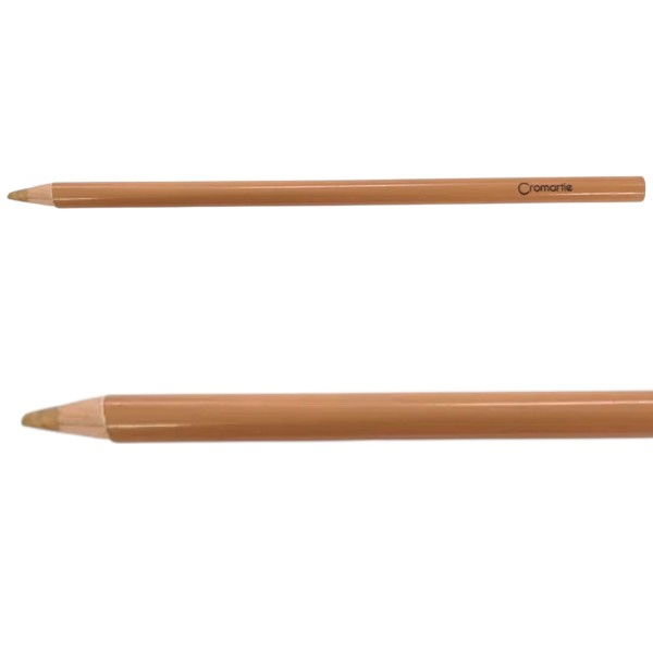 Image and closeup of a brown underglaze pencil with the Cromartie name embossed on the surface. Light brown lead.