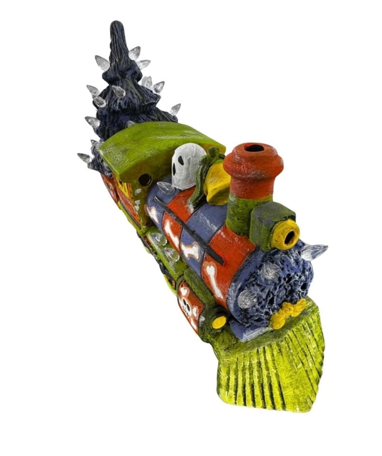 Unpainted ceramic Train with Tree bisque blank side angle view for pottery painting