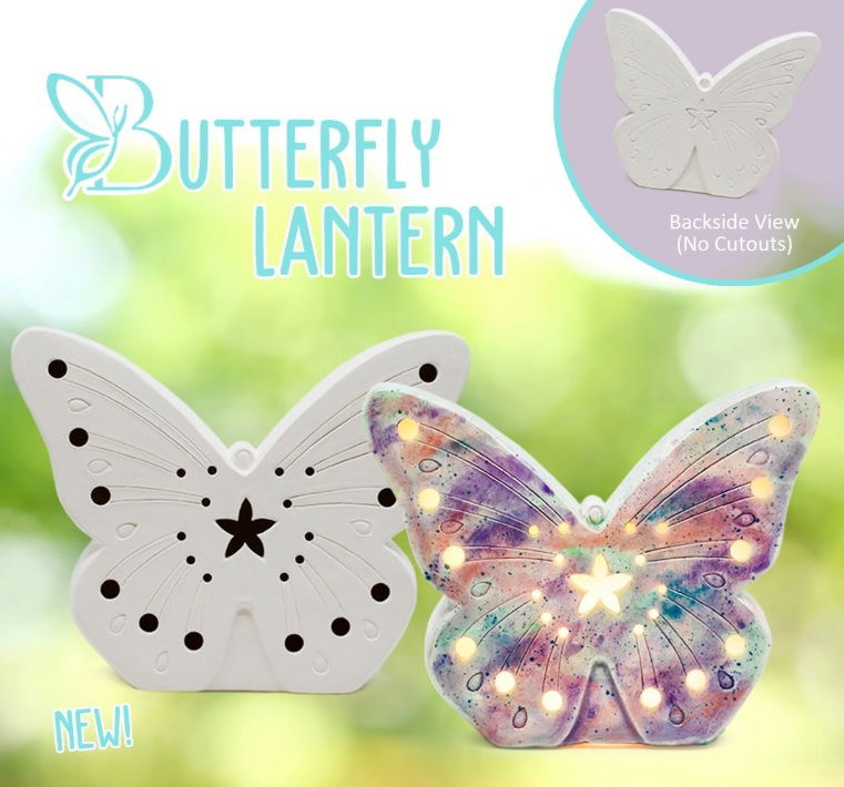 A butterfly lantern in plain ceramic bisque for pottery painting.