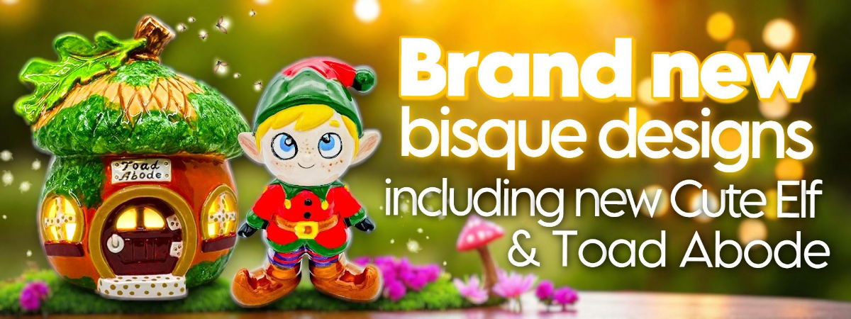 A banner showing a paint your own pottery elf and Toad Abode fairy house lantern, on a magical fairy lights background