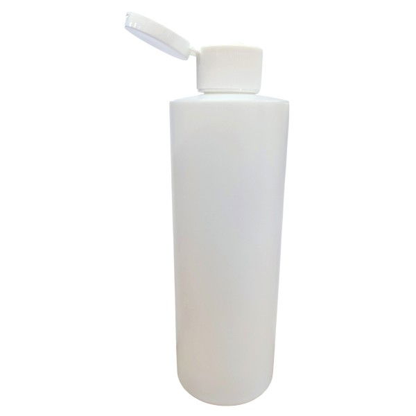 A 236ml or 8 fluid ounce empty plastic bottle for paint, travel accessories, cosmetics and more, with flip top lid.