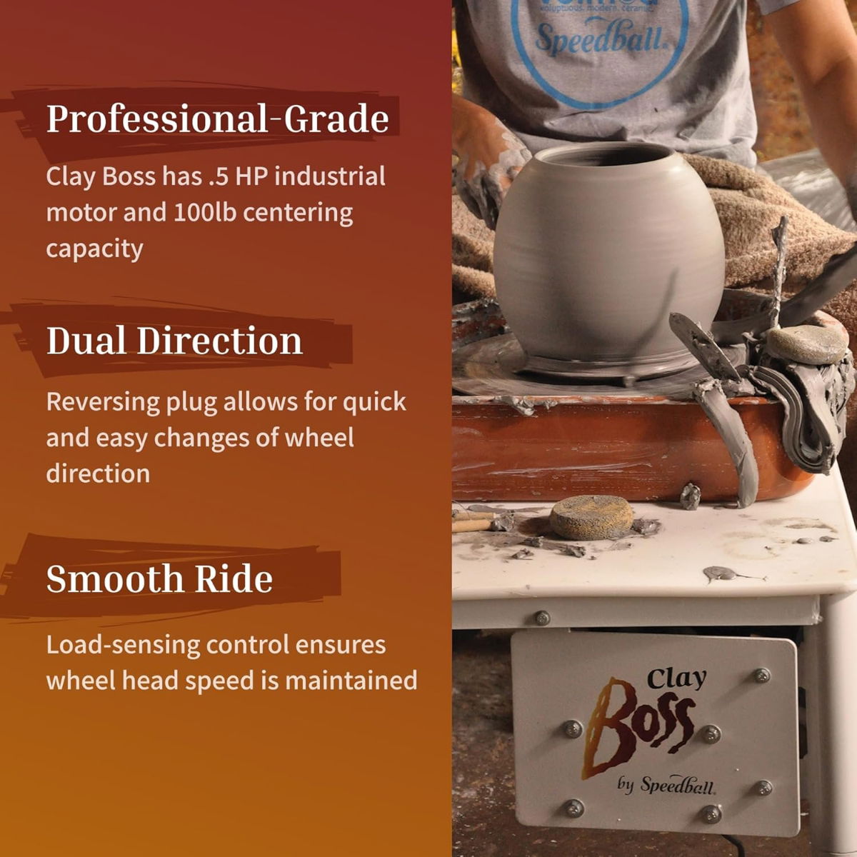 Speedball Clay Boss wheel features: professional-grade motor, reversible direction, smooth ride