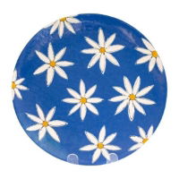 An image of a paint your own pottery plate with blue daisy design