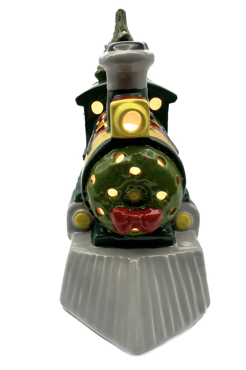 Front view of Train with Tree ceramic bisque blank ready to paint and fire