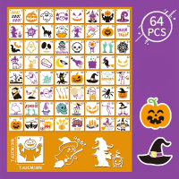 64-piece Halloween craft stencil set with spooky shapes like pumpkins, witches, bats and ghosts on purple background