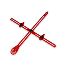 Tombo stick throwing gauge facing up made from acrylic with stainless steel fittings, used to measure width and height of pottery pieces.