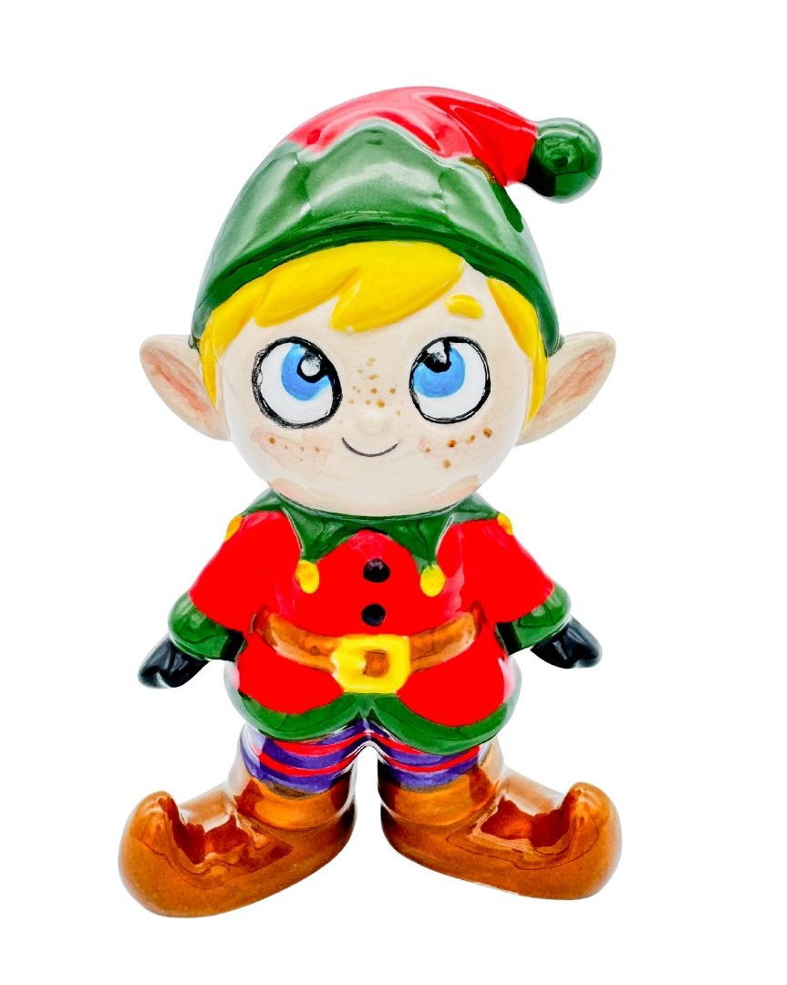 Front view of Cute Elf ceramic bisque figurine for paint-your-own Christmas crafts