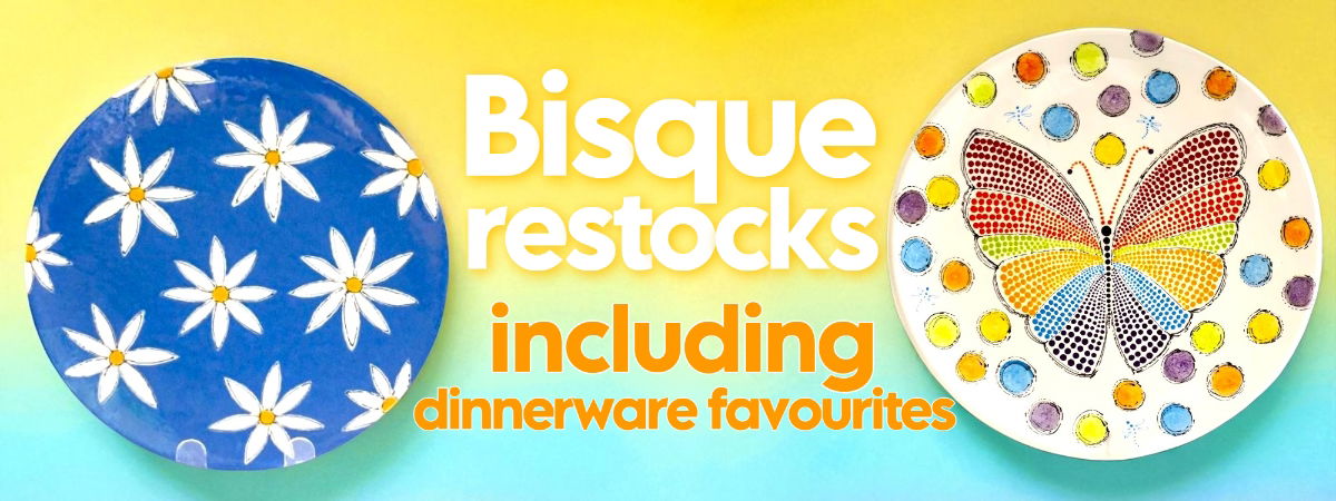 Image showing two ceramic bisque dinner plates with a summer design showing bisque restocks
