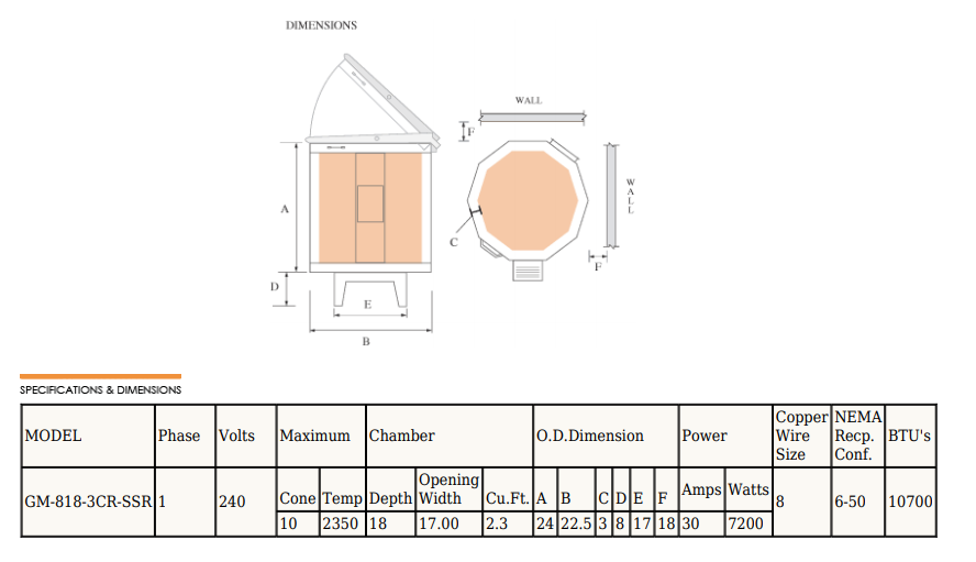 GM-818-3CR Skutt Crucible Melter Glass Kiln Specifications